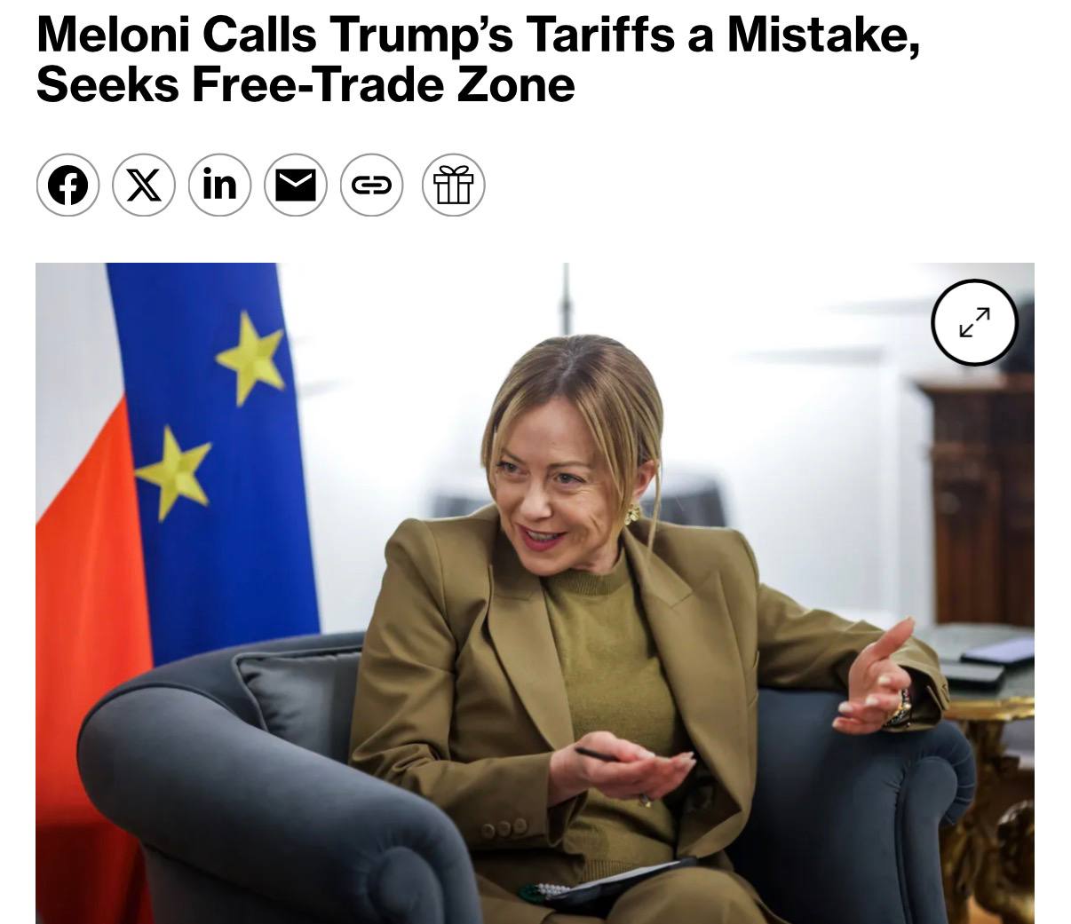 Мелоні назвала тарифи Трампа помилкою і запропонувала вільну торгівлю, — Bloomberg.